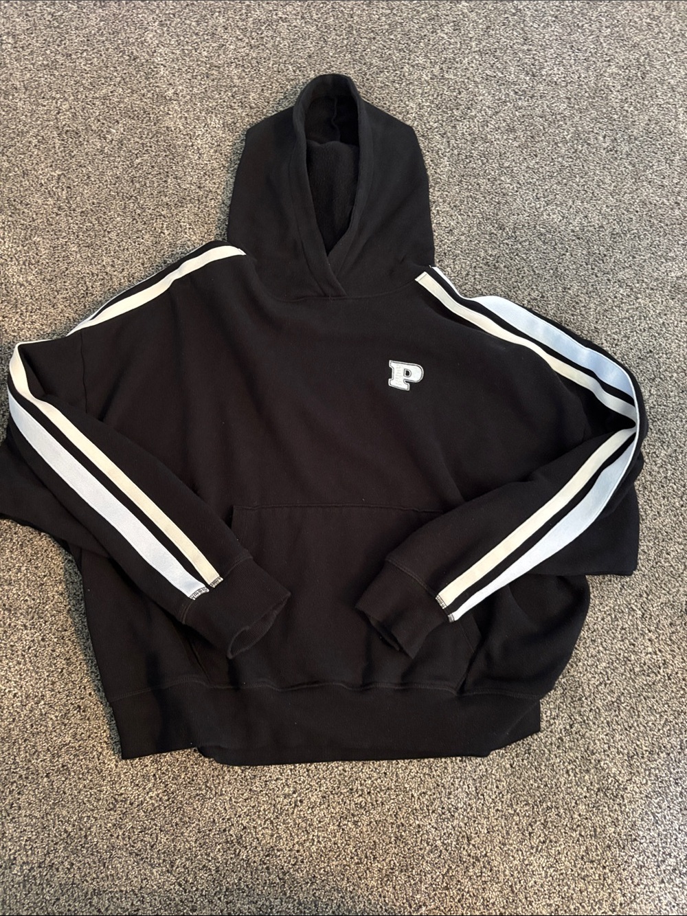 PINK Victoria's Secret Black Hoodie with White Stripe Sleeves